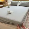 Conjunto de Lençol de Baixo com Elástico de Algodão Lavado, Conjunto de Três Peças Protetor de Colchão Xadrez Listrado Estilo Japonês, Cobertura de Cama Lisa de Cor Sólida com Cobertura Total