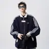 Jaqueta Esportiva Patchwork Pesada Estilo Americano para Homens, Jaqueta Externa Versátil de Marca da Moda para Casais, Jaqueta de Baseball Listrada Cool da Moda de Rua