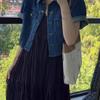 Estilo Hong Kong Moda de Vanguardia Vintage Bolsillo Corta Vaquera Media Manga Chaqueta Vestido Suave Adelgazante Versátil Moderna
