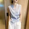 Camisa Sem Manga Gola V Listrada Azul Feminina Verão Novo Design Sensação Cintura Marcada Emagrecedor Temperamento Manga Curta Top A13281