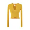 Top de punto sexy estilo europeo y americano con anillo metálico hueco para ceñir la cintura, corto, manga larga, ajustado, top de chica hot para mujer