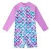 Roupa de banho infantil de manga comprida para meninas, maiô de sereia de peça única, roupa de surf com proteção solar para crianças maiores, moda praia para meninas
