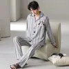 Algodão PuroPijama Masculino de Manga Longa com Gola Reversível, Conjunto de Pijama Listrado Outono para Jovens com Desenho Animado, Corte Amplo
