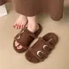 Estilo Coreano Versátil Correa Única 2026 Moda Invierno Hebilla Pantuflas Peludas Uso Exterior Pantuflas de Algodón para Mujer Punta Abierta Cálidas Suela Gruesa