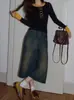 Camiseta de Manga Larga Negra con Cuello Redondo y Panelado para Mujer 2025 Otoño Elegante de Gama Alta Aspecto Adelgazante en la Cintura