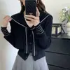 Tejido de cachemira, cuello en V, suéter de punto de manga larga, inspirado en Chanel, de alta gama, gris, cuello azul marino, top estilo chal, conjunto de dos piezas