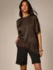 Bestseller transfronterizo europeo y americano, elegante camiseta de retazos de satén y encaje para mujer, corte holgado con mangas caídas y dobladillo irregular de encaje