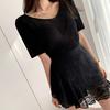 Camisetas de Punto de Seda Helada Finas de Manga Corta para Mujer, Tops de Temperamento con Cuello en V, Diseño Discreto de Giro, Dos Formas de Usar (Delantero y Trasero), Verano