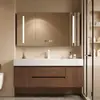 Juego de gabinete de baño estilo mediados de siglo, con encimera de losa de roca, lavabo de cerámica termoformada y tocador de baño con gabinete para lavabo