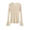 Suéter de cachemira para mujer, 100% cachemira de cabra pura, corte ajustado, cuello redondo, manga acampanada, estilo otoño e invierno