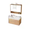 Gabinete de baño color madera natural, combinación de gabinete de lavabo inteligente minimalista moderno, gabinete de baño con lavabo integrado de cerámica