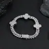 Pulsera de Cadena Cubana de Diamantes de Trébol de Cuatro Hojas con Hebilla de Resorte Hip Hop Transfronteriza Europea y Americana, Pulsera de Zirconia de Alto Nivel Versátil para Hombre