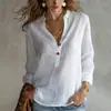2026 Camisa Casual Transpirable Holgada de Cuello en V Semiabierto Estilo Old Money Europeo y Americano Cuello Alto Botón de Madera Manga Larga para Mujer