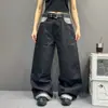 Estilo casual de calle, jeans de pierna ancha de mezclilla cruda con bolsillo patchwork multicolor, pantalones rectos holgados de lavado rígido, marca de moda