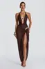Traje de Baño de una Pieza Sexy Caliente con Halter y Escote Profundo Conjunto de Baño de una Pieza con Adorno Metálico y Corte Traje de Baño con Diseño de Malla Transparente