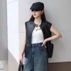 Colete de couro preto solto estilo retrô coreano, novo produto de outono, versátil e emagrecedor, colete jaqueta sem mangas de couro proteico para mulheres