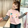 Camiseta infantil de manga comprida 100% algodão, blusa estampada de outono para meninas com efeito de duas peças, roupa de primavera e outono para bebês e crianças pequenas