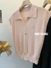 Verão na Coreia do Sul! Suéter Pulôver de Seda Gelada com Manga Meia Manga, Gola Polo com Lapela e Detalhe de Concha, Top Feminino