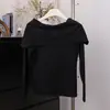Suéter de Tricô com Efeito de Duas Peças para Mulheres, Outono e Inverno, Gola Caída, Cor Sólida, Veludo Andy, Manga Longa, Suéter para Início do Outono