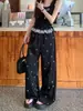 [Em estoque de fábrica] calça casual de renda calça com laço feminina de verão solta cintura elástica calça de perna larga calça reta