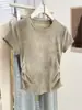 Camiseta de Manga Corta Rosa Tie-Dye Plisada para Chica Atractiva Diseño de Verano para Mujer Top Delgado de Cintura Angosta Camisa de Hombro Derecho