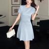 Nuevo Vestido Tejido de Manga Corta con Patrón de Cáñamo Estilo Francés Simple Verano Elegante Reductor de Edad Cuello Redondo Cintura Falda A