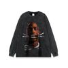 Camiseta de manga corta con estampado de retrato de rap americano para hombre y mujer, estilo retro hip hop callejero lavado, de manga larga