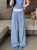 Calça de Xadrez Azul e Branco para Mulheres, Nova Calça de Verão 2025 de Cintura Alta, Caimento Solto, Perna Larga, Estilo Casual Preguiçoso, Calça de Seda Gelada Yamamoto