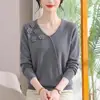 Suéter de manga comprida de outono e primavera para mãe, gola V, estiloso e moderno, top de tricô para mulheres de meia-idade e idosas