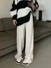 Calça Reta de Perna Larga Estilo Primavera em Falso Caxemira para Mulheres, Calça Longa Elástica com Cordão Estilo Hong Kong, Calça Casual de Comprimento Total com Caimento