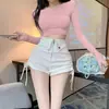 Pantalones cortos casuales rectos con cordón de moda para mujer, pantalones cortos ajustados finos de verano, pantalones negros de cintura alta adelgazantes de pierna ancha para mujeres petite