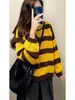 Suéter con Bloques de Color Rayas Marrón Melanoidio Amarillo para Mujer Otoño Invierno Estilo Coreano Holgado Estilo Perezoso Parte Superior Capa Interior Ropa Exterior Tejido