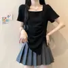 Blusa Juvenil Elegante de Verano 2026, Estilo Nuevo, Cuello Cuadrado, Adelgazante, Dobladillo Irregular, Manga Corta