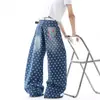 Diseño Retro Americano Lavado Estampado Completo Bordado de Lunares Holgados Pierna Ancha Pierna de Tijera Jeans Unisex Versátil Pantalones Largos Modernos