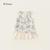 Vestido de Verão Infantil Bong Selected Girls' Dress Novo Estilo Estampa de Rosas Sem Mangas Roupas Saia com Costura de Renda
