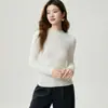 Suéter 100% Cachemir Puro para Mujer Otoño Invierno Estilo Nuevo Color Sólido Canalé Cuello Medio Alto Jersey de Punto Manga Larga