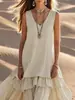 Vestido Longo em Camadas sem Mangas com Decote em V Estilo Boêmio de Alta Qualidade para Mulheres, Vestido Off-White Soltinho com Barra Larga para Estilo de Férias