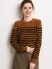Suéter de Cashmere para Mulheres, Gola Redonda Solta, Estilo Curto Listrado, Suéter de Malha de Manga Longa para Usar por Baixo ou por Cima, Novo Estilo Outono e Inverno