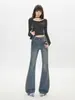 Jeans Americano Retro Micro-Flare para Mulheres 2025 Outono Novo Design de Cintura Alta Costura Calças Flare em Formato de Ferradura