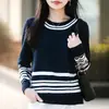 Suéter tejido a rayas retro 100% algodón puro para mujer, cuello redondo, diseño color block, estilo casual, adecuado para el trabajo y el uso diario, capa base de manga larga