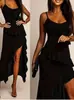 Vestido Negro de Terciopelo con Volantes y Tirantes, Estilo Europeo y Americano Transfronterizo, Nuevo Modelo de Verano para Mujer, Vestido Largo Sexy con Abertura Irregular