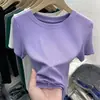 Camiseta de Seda de Gelo de Alta Qualidade Nova Manga Curta Feminina Cor Sólida Versátil Malha Fina Camiseta Básica Camiseta Pequena Top