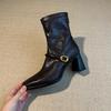 Botas de Tacón Alto con Punta Cuadrada Estilizadas para Mujer Tacón Grueso Francés Botines Cortos Retro con Cremallera Trasera Novedad Otoño 2025 Botas Elásticas de Moda