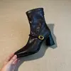 Botas Slim de Tacón Alto con Punta Cuadrada para Mujer Tacón Grueso Francés Otoño e Invierno Nuevas Retro Cremallera Trasera Botines Elásticos de Moda para Mujer