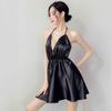 Ropa Interior Sexy de Noche Larga, Pijamas Sexys para Mujer, Bata de Noche Talla Grande, Conjunto de Ropa para el Hogar con Escote Halter y Cordones Qqny1189