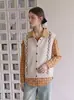 Colete de tricô V-neck com padrão de losangos retrô estilo francês para mulheres, suéter cardigã sem mangas para o início do outono, top único