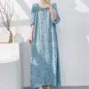 Estilo Nuevo 2026 Estilo Nacional Bata de Noche para Mujer, Verano Elegante y de Alta Gama Algodón Seda Ropa de Dormir, Nuevo Estilo Chino Vestido Largo de Algodón Seda para Vacaciones en la Costa