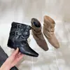 Botas ankle boot bootcut de bico quadrado retrô francesas para mulheres, nova coleção outono 2026, com sola macia, design interno que aumenta a altura e detalhes de fivela, botas estilo western