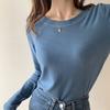 Camiseta de manga larga de color liso, cálida y suave, con cuello redondo, forrada con vellón, para otoño e invierno, para mujer