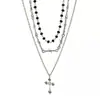 Collar Apilado de Cruz Gótico Punk para Mujer Cadena para Clavícula con Perlas Dulce Oscuro Fresco Sexy Collar Metálico Retro